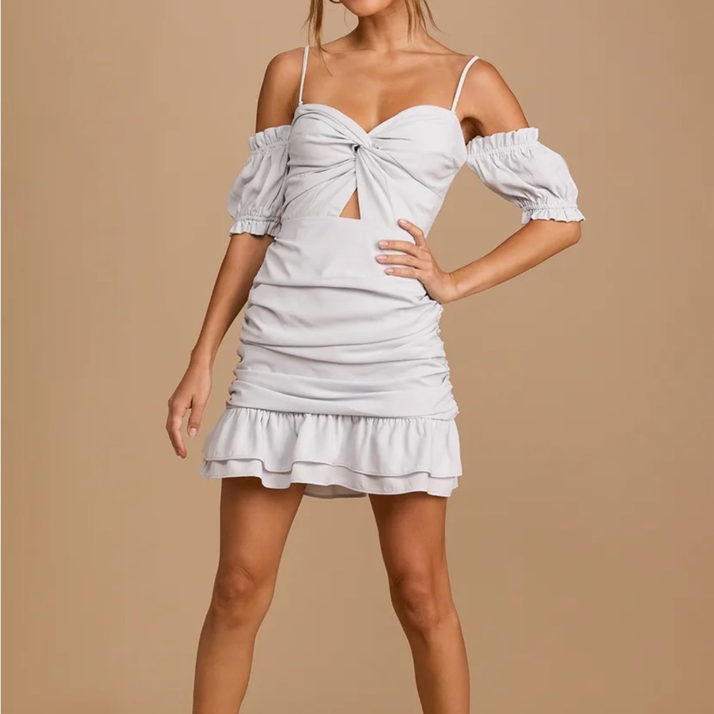 Not Just a Crush Dusty Blue Ruched Off-the-Shoulder Mini Dress